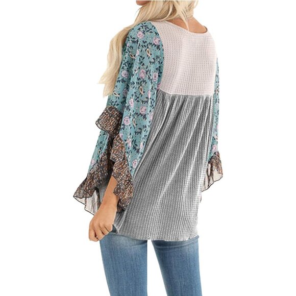 Womens Floral Printed Waffle Knit 3/4 Sleeve Batwing Blouse Loose Fit - Picture 2 of 6